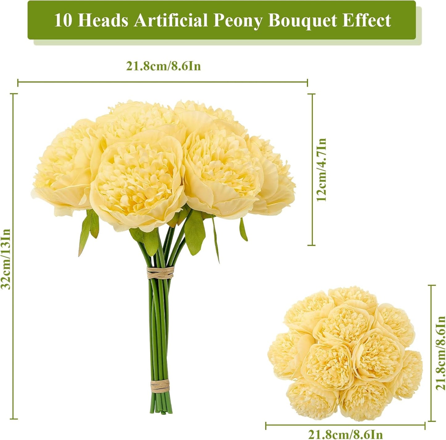 U'Artlines 10 Heads Artificial Peony Silk Flower Leaf Home Office Wedding Party Festival Bar Decor (Yellow)