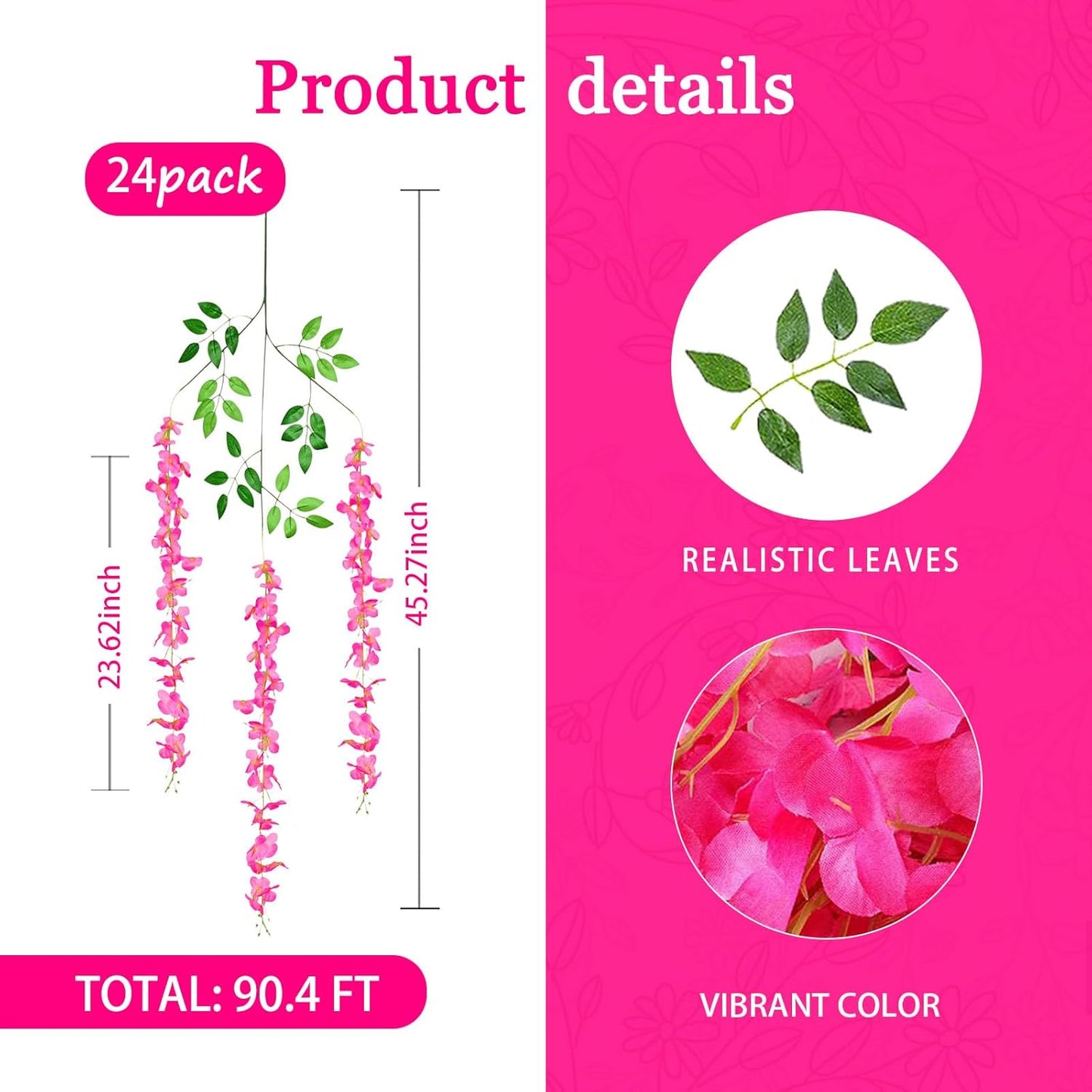 24 Pack Fuchsia Wisteria Hanging Flowers Garland, 3.77 Feet Artificial Flower Vines, Fake Wisteria, Artificial Vines Hanging Garland for Backdrop Outdoor Yard Garden Decor