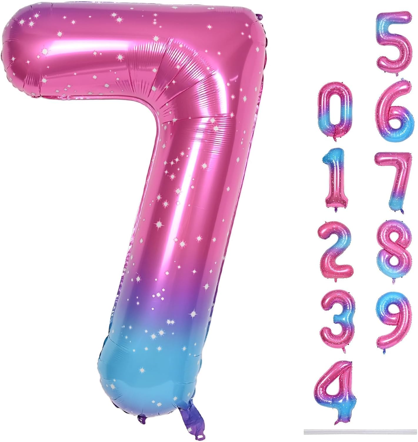 40'' Rainbow Number 7 Balloons, Giant Self Inflating Gradient Blue Pink Foil Number Balloons Set 0-9, Starry Digital 7 Helium Balloon for Girls 7th Birthday Party Decorations Anniversary Supplies