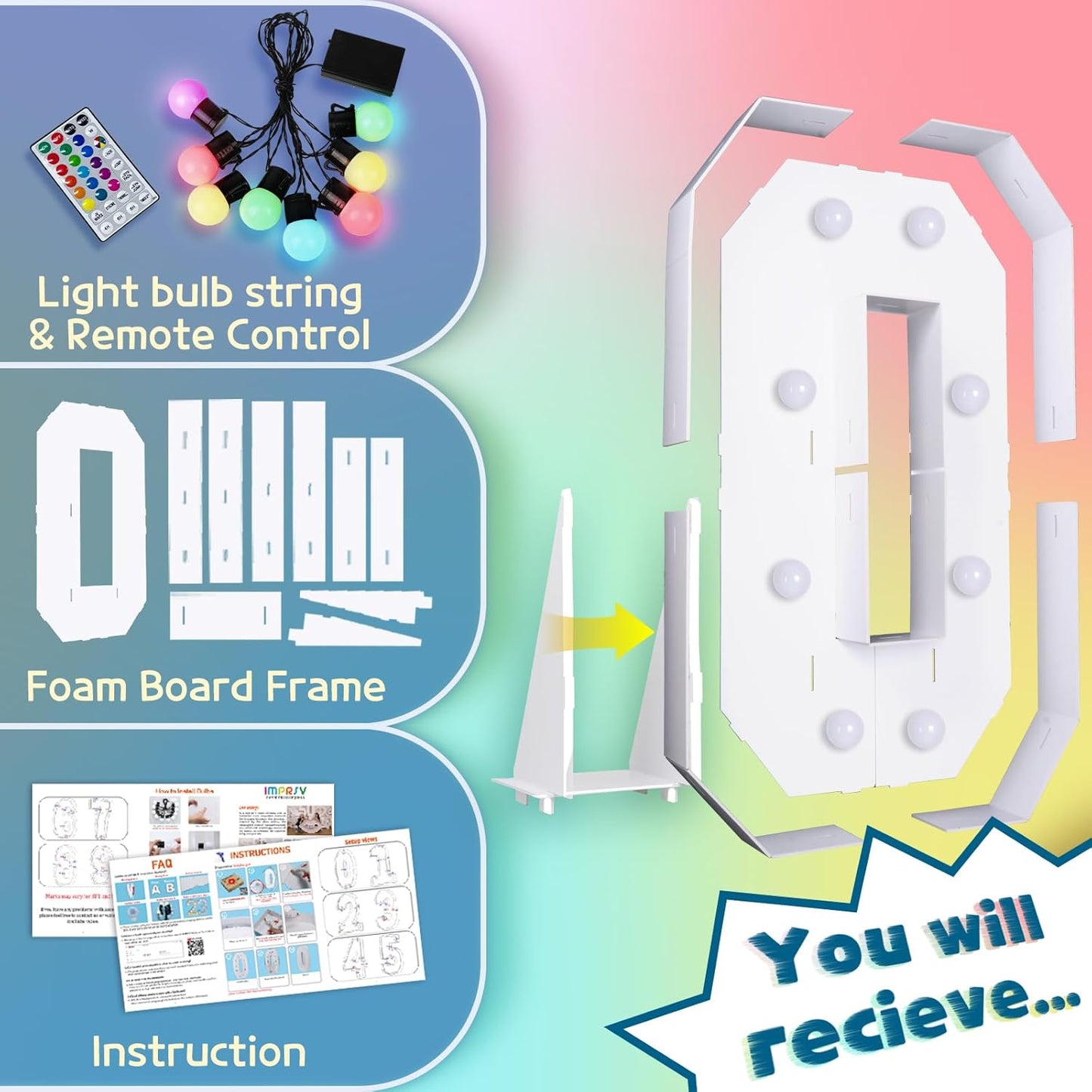 imprsv 3FT Colorful Marquee Numbers,18 Colors Number 0 with Remote, Light Up Numbers Sign for 50th Birthday Decorations Anniversary Party Decor, Pre-Cut Foam Board Kit, Mosaic Sign for Balloon