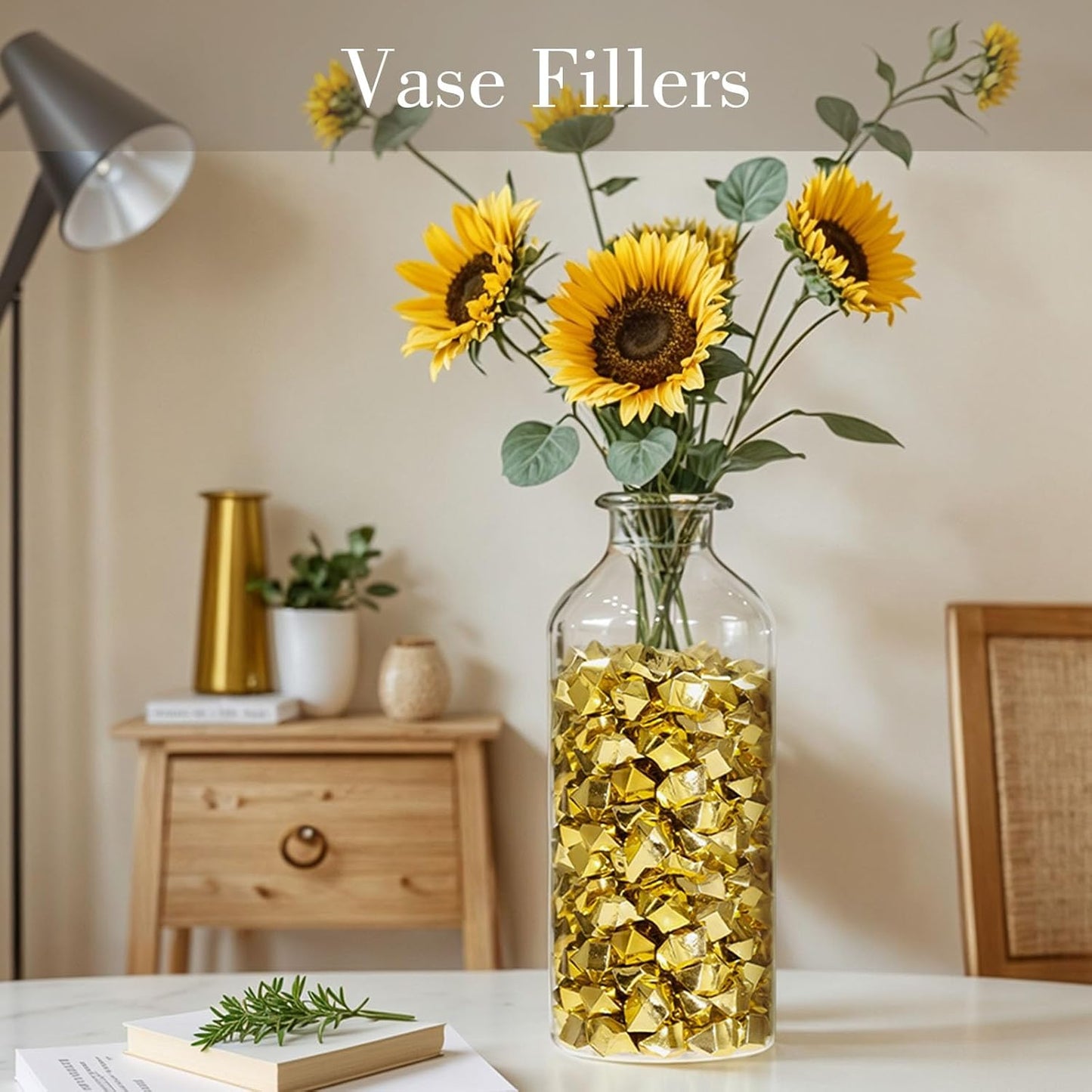 DomeStar 150PCS Fake Gold Ice, Acrylic Ice Fake Plastic Gold Nuggets Rocks Gems Marble Vases Fillers for Table Scatter Birthday Wedding Party Decoration