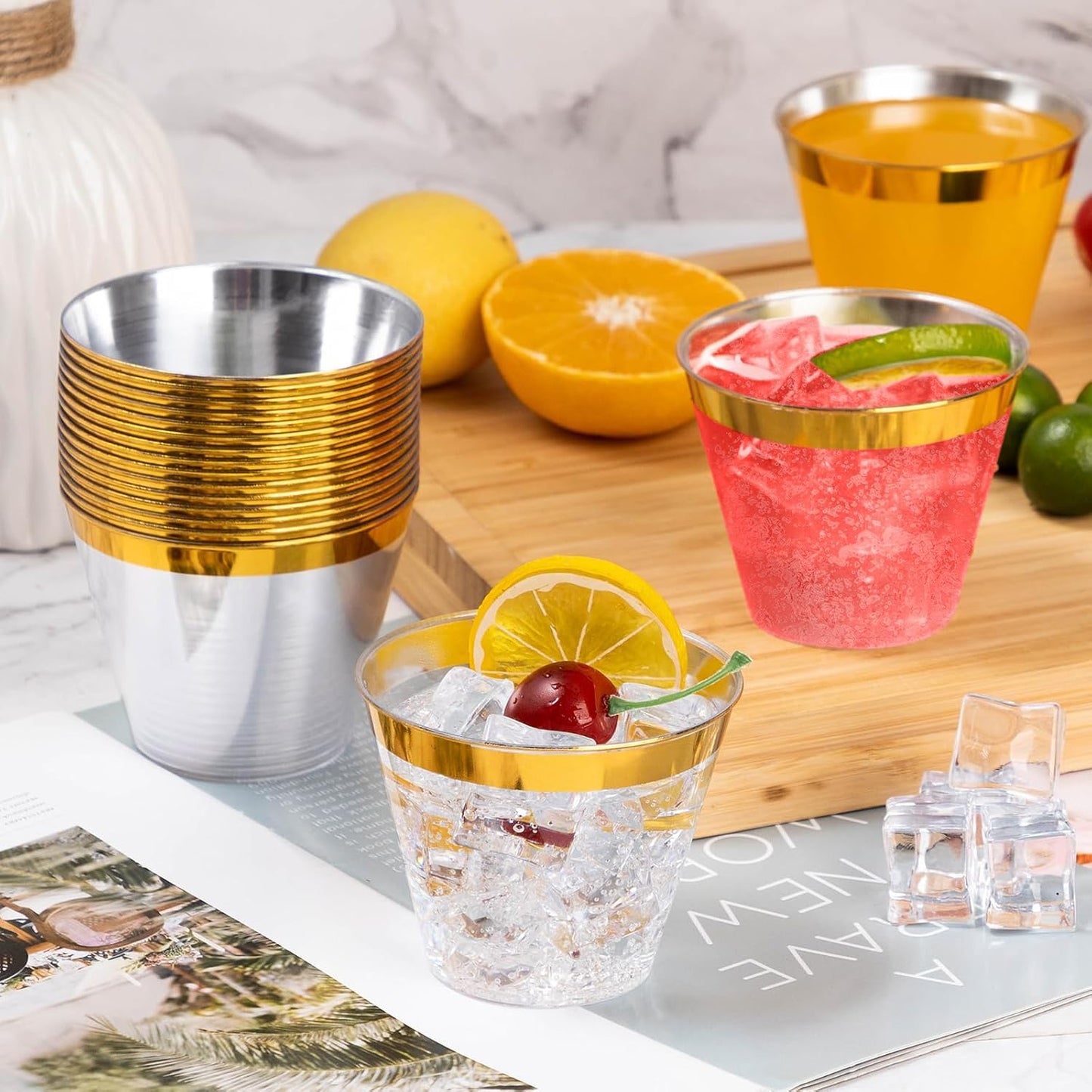 Goodluck 200PCS 9oz Gold Plastic Cups for Party, Disposable Gold Rim Cups, Plastic Cocktail Glasses for Wedding Thanksgiving, Christmas, and Parties