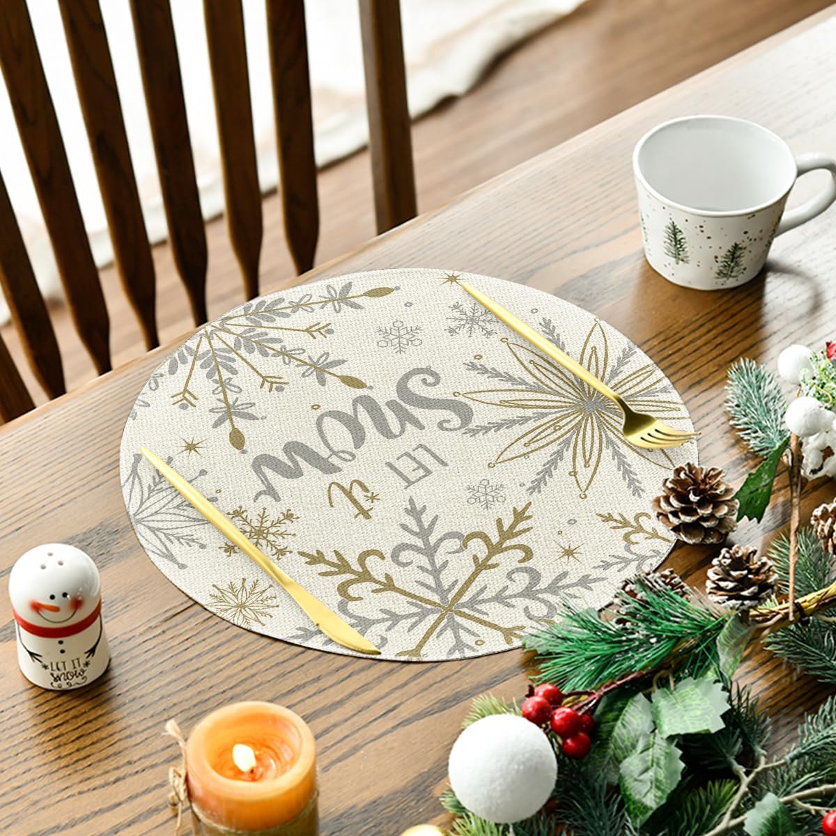 Artoid Mode Beige Snowflake Let It Snow Winter Placemats Set of 8, 14 Inch Seasonal Christmas Xmas Round Table Mats for Dining Decoration