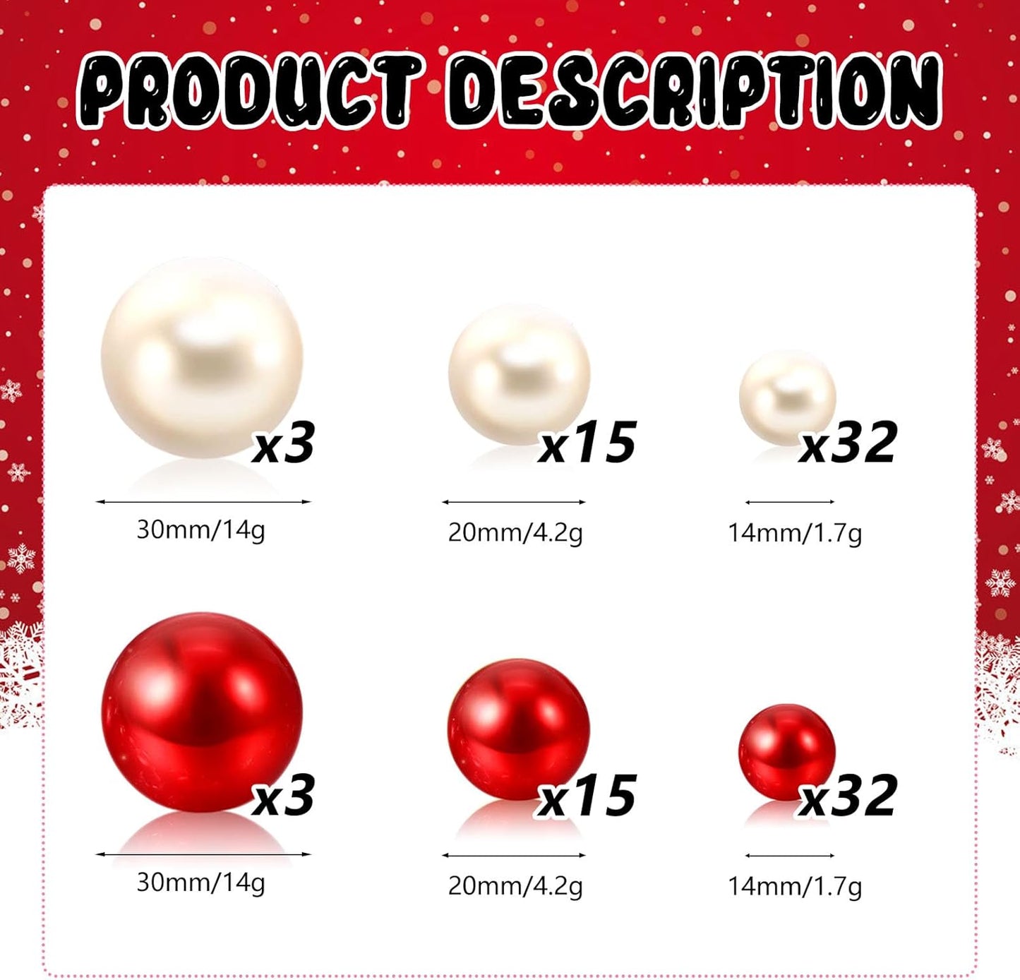 100PCS Red White Faux Pearls Beads for Centerpiece Vases, Vase Filler Faux Pearls, No Holes Filler Beads for Party Anniversary Birthday Wedding Table Decor, 14/20/30mm