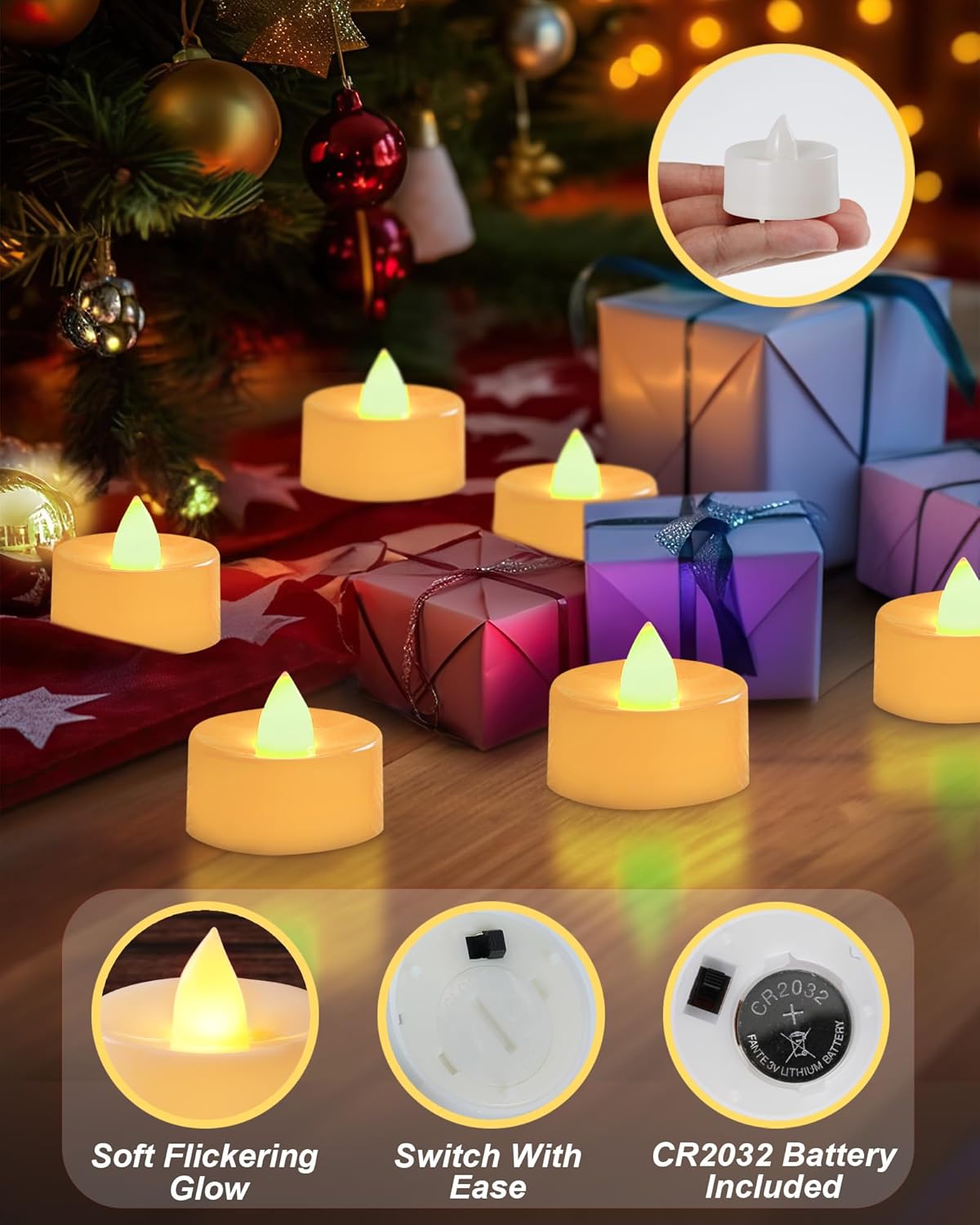 BEICHI Flameless Candles, 24Pack Battery Operated Candle, LED Tea Lights Candles Battery Operated, Flickering Fake Votives for Wedding Halloween Christmas Diwali- Warm Yellow