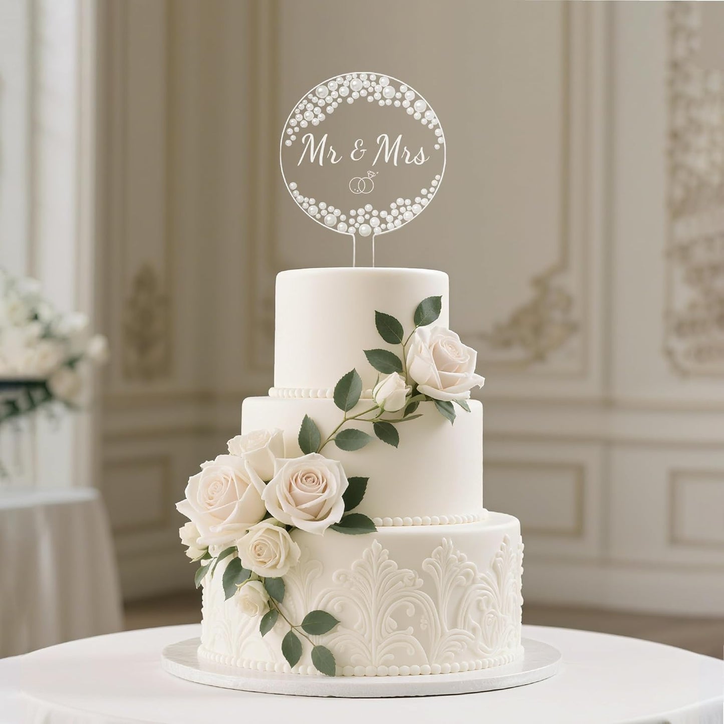 Coucoland Mr and Mrs Cake Topper - Round Acrylic Wedding Cake Decor with Elegant Pearls for Engagement Bridal Anniversary