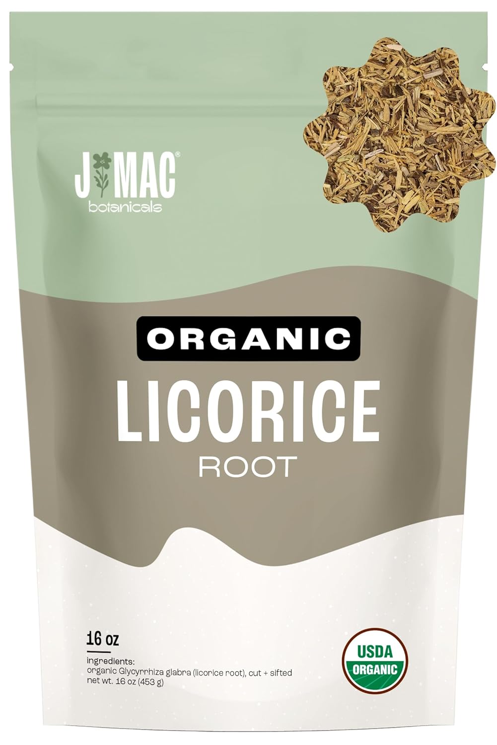 J MAC BOTANICALS Organic Licorice Root Tea, Cut and Sifted, Dried Herb, regaliz Raiz organico