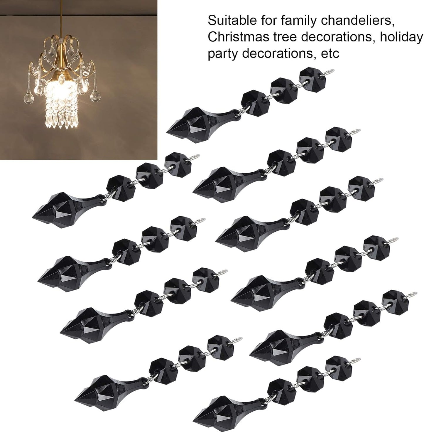 Buachois 10Pcs Clear Acrylic Crystal Ornament Beads Garland Chandelier Hanging Crystals for Wedding Party Celebration Christmas Tree Decor Black