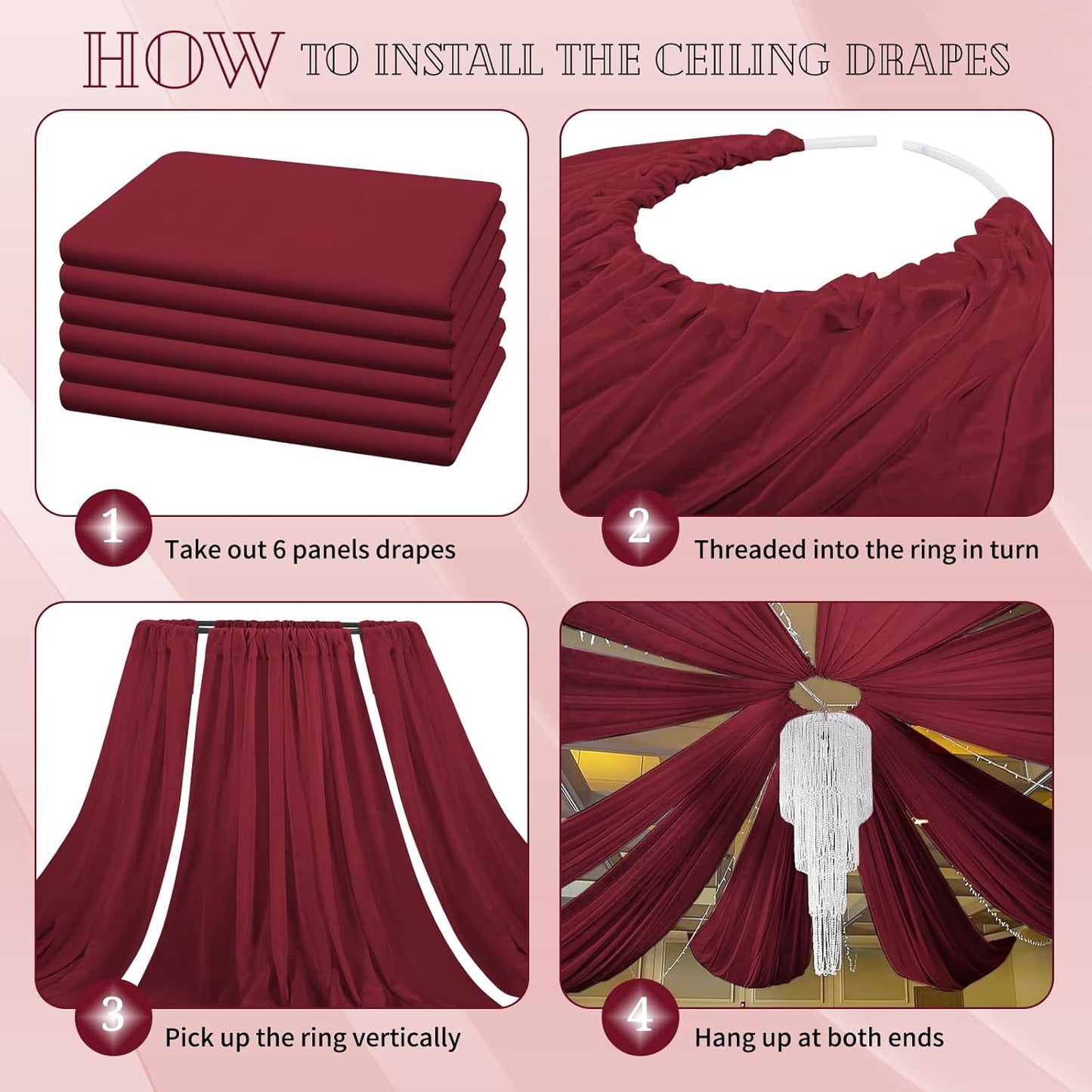 6 Panels Burgundy Ceiling Drapes for Wedding 5ftx30ft Chiffon Fabric Arch Draping Curtains Sheer Drapery for Party Ceremony Birthday Baby Shower Reception Stage Swag Ceiling Decorations