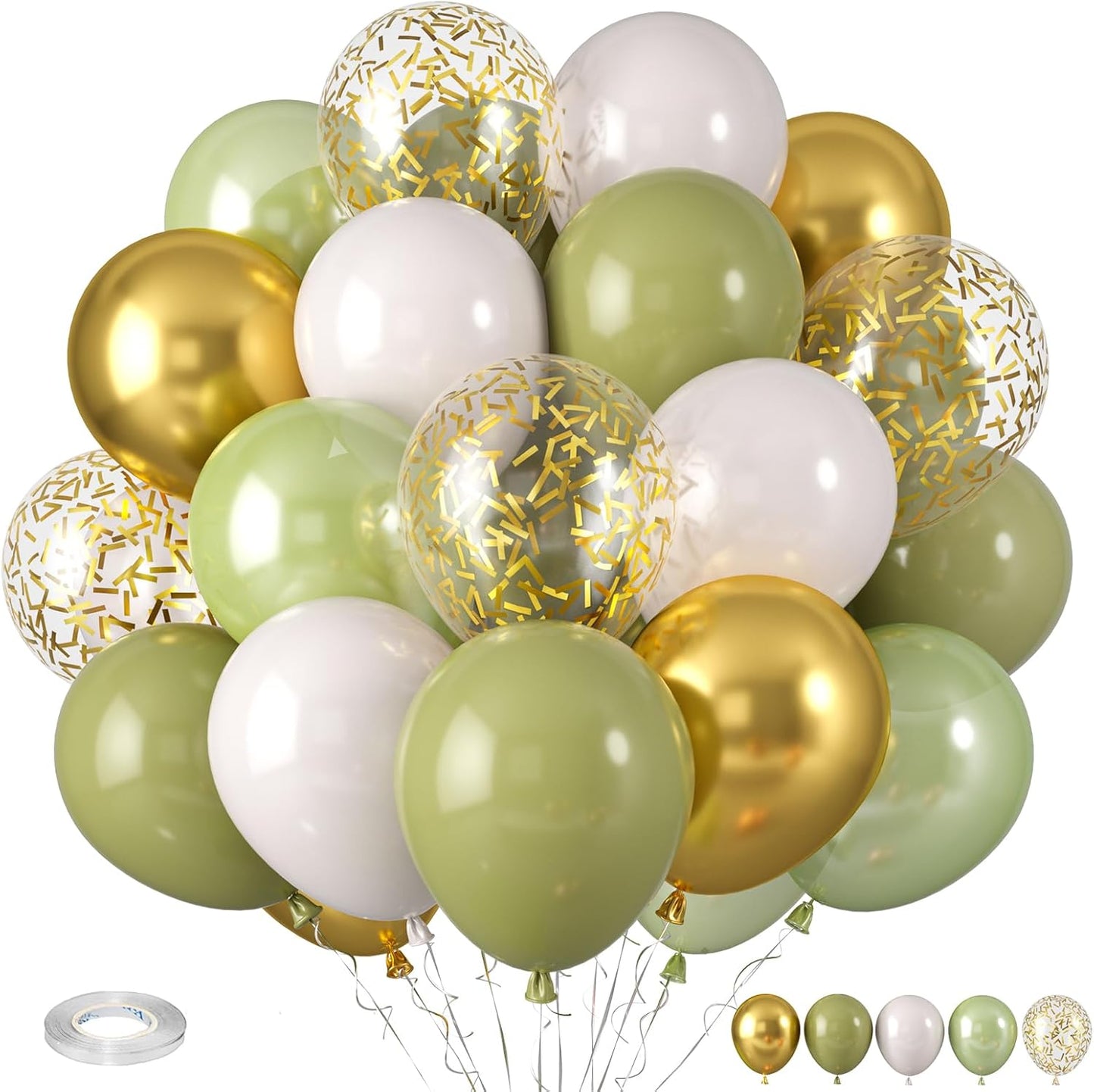 Sage Green Balloons, Sage Balloons Retro White Pearl Light Green Balloon, White Sand Gold Confetti Balloon for Baby Shower Birthday Wedding Graduation Party Decorations Supplies