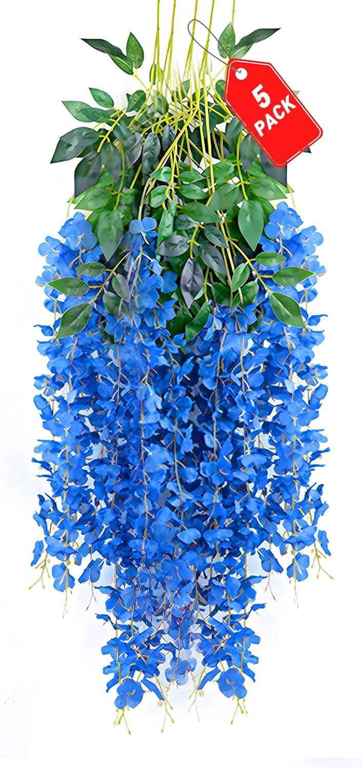 5 Pack Royal Blue Wisteria Hanging Flowers, 3.44 Ft Fake Hanging Flowers, Artificial Wisteria Garland Vines for Wedding Room Backdrop Outdoor Patio Garden Decoration