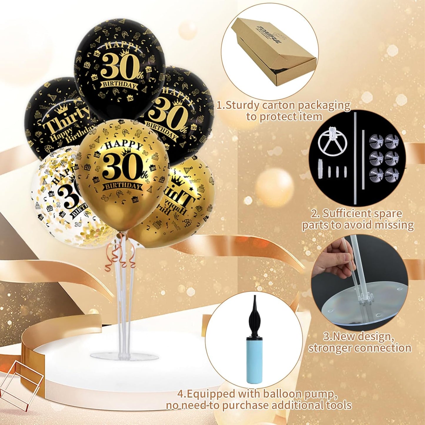 TONIFUL 4 Set Black Gold Balloon Stand Kit for Birthday Decorations for 30th,Balloon Centerpieces for Table Party Decorations Cheers to 30 Years Old Birthday for Men and Women