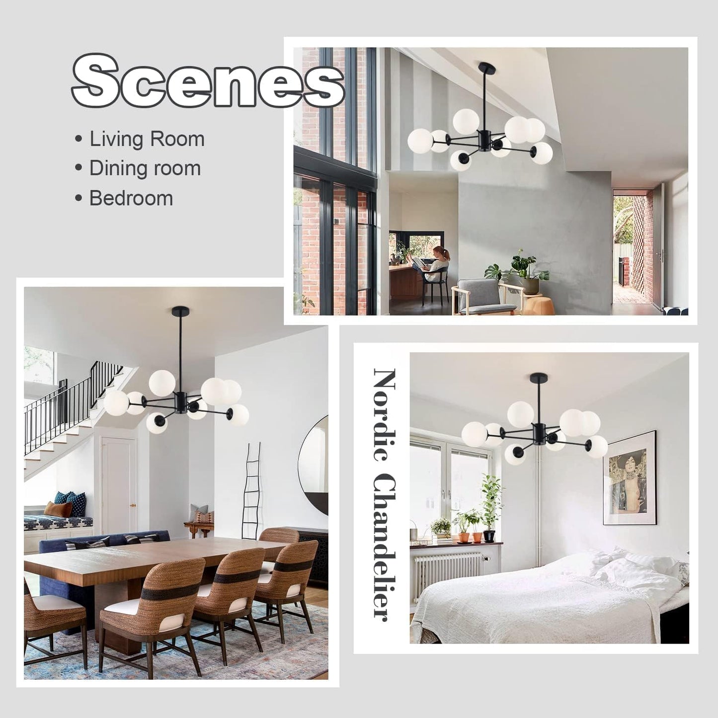 KCO Lighting Black Sputnik Chandelier Ceiling Mount 8-Light Glass Globe Sputnik Chandelier Mid Century Modern Chandelier Light Fixture Kitchen Island Sputnik (Black+White)