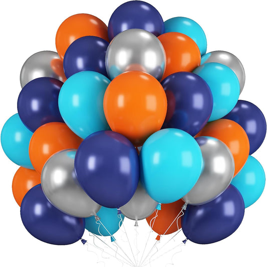 Blue Orange Balloons, 12 Inch Teal Navy Bule Balloons with Metallic Silver Balloon for Kids Boys Girls Birthday Thanksgiving Fall Graduation Basketball Outer Space Astronaut Theme Party Decorations