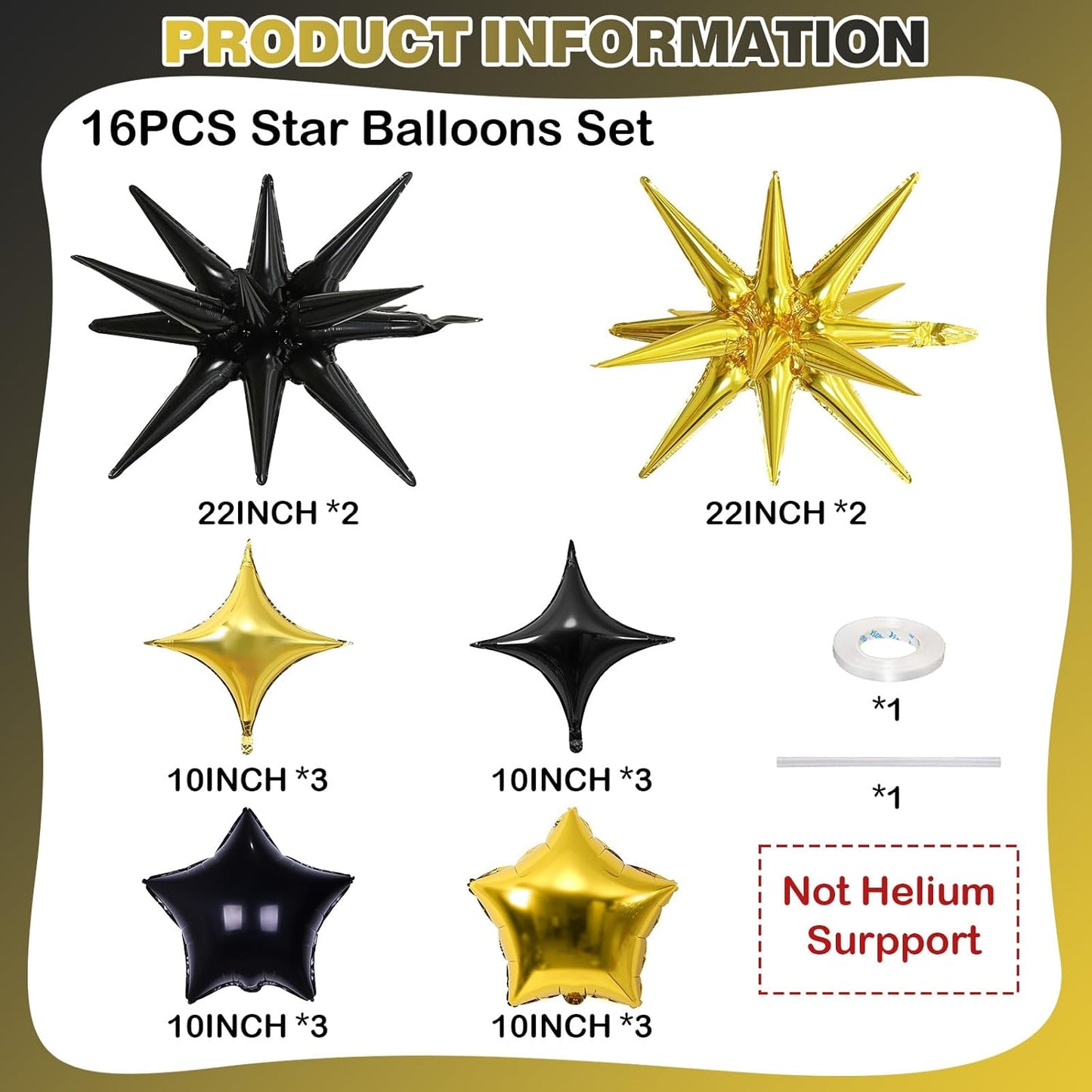 Black and Gold Star Balloons, 22in Large Star Balloons Foil 10in 4-Pointed & Pentagram Balloon for Graduation Retirement New Year Birthday Party Decorations