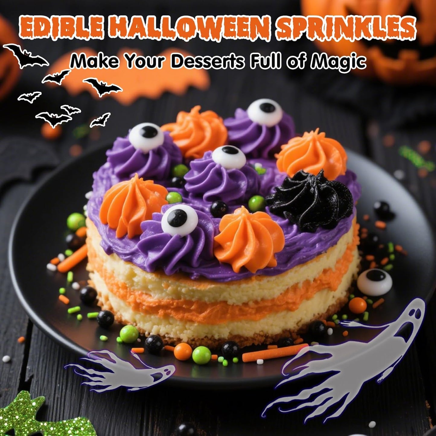 Edible Halloween Sprinkles,Black White Eyes Purple Green Orange and Black Pearls and Jimmies Mixed,130g/4.58ounce,Monster Sprinkle Perfect for Cake Decorations, Baking, Ice Cream, Cookies, Cupcake Topper,Halloween Supplies Children's Party