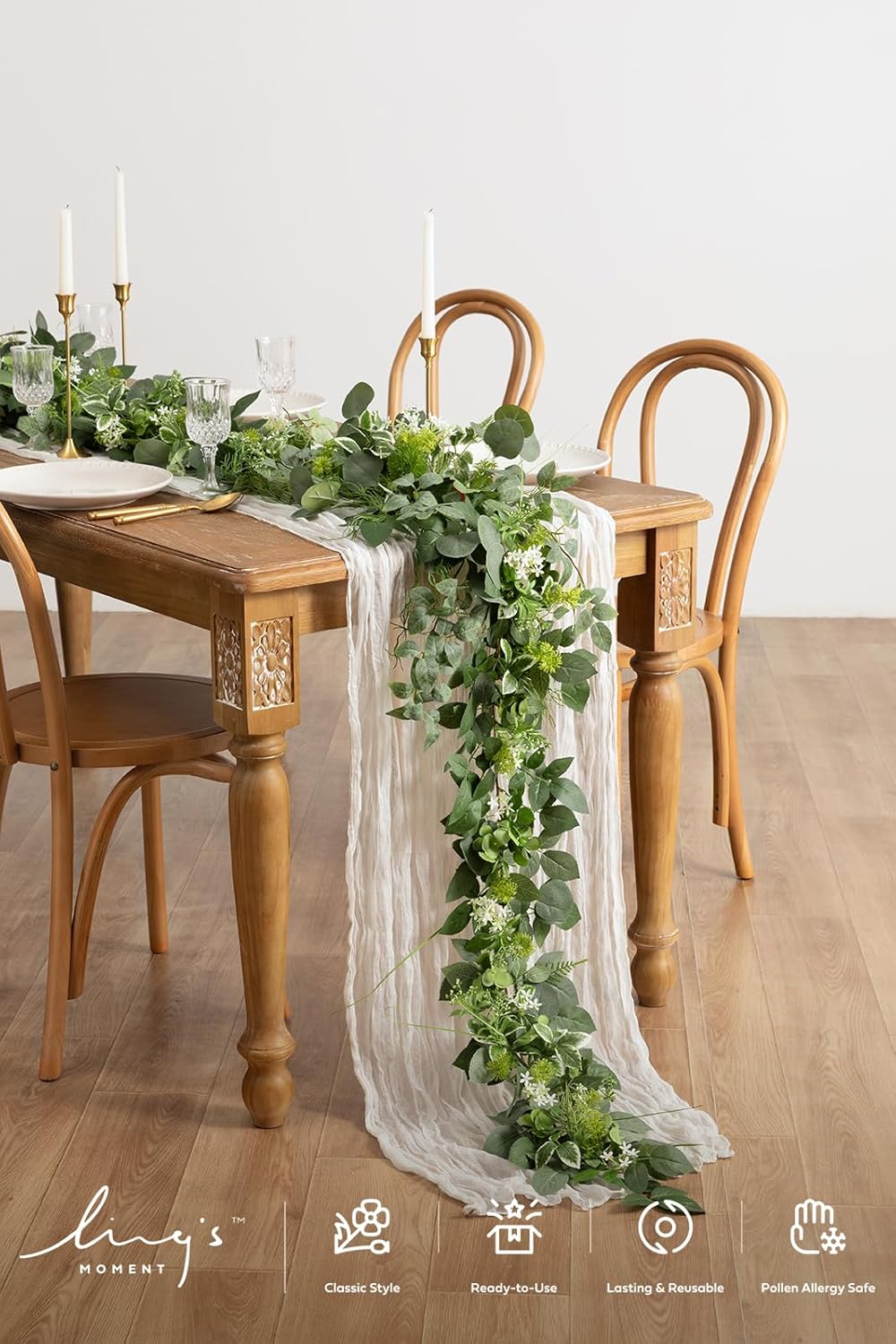 Ling's Moment Flower Garland - 6FT Eucalyptus & Rose - Sweetheart Table Decor for Wedding Reception, Artificial Floral Garland for Mantle, Spring Garden Ceremony, Christmas Decoration, Ivory White