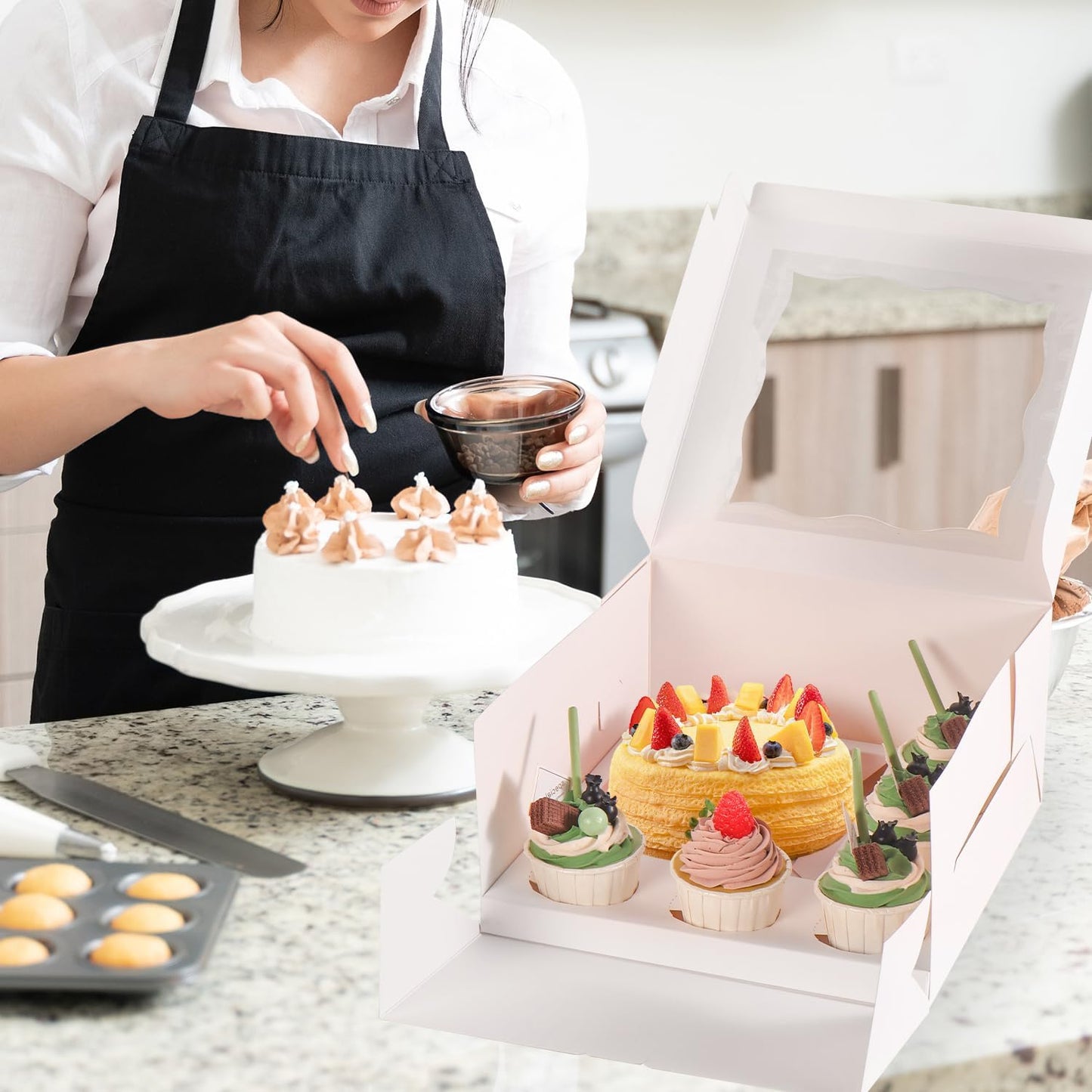 JCD 8 Packs 1+5 Cupcake Box Combo with Clear Window,1 small Cake and 5 Cupcakes Box with insert and Stickers, for Family Birthday Party Mother's day (1+5/8pcs)