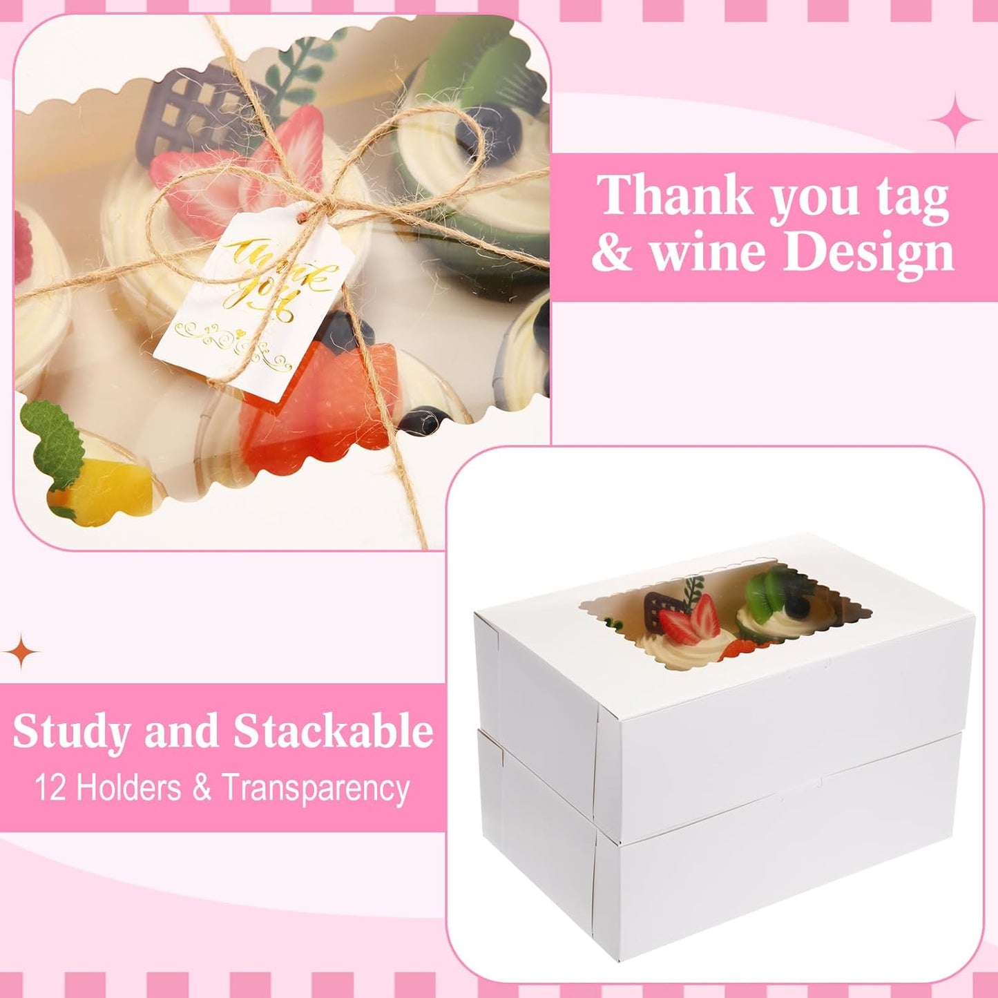 36 Pack Cupcake Boxes Hold 6 Count Disposable Cupcake Containers with Window and Cake Carrier with Thanks Card and Jute Rope to Muffins Cupcakes Cookies Gift Wrapping(White)