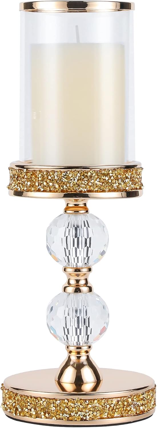 Pillar Candle Holder, 13 Inch Crystal Candlesticks for 3''X5'' Candles, Dining Coffee Table Decor, Wedding, Events, Parties - Glass and Gold Finish