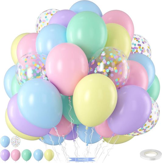 Pastel Balloons,12 Inch Macaron Pink Purple Blue Yellow Green Colorful Confetti Balloons Assorted Colors for Princess Girl Pastel Birthday Rainbow Party Baby Shower Wedding Engagement Decoration