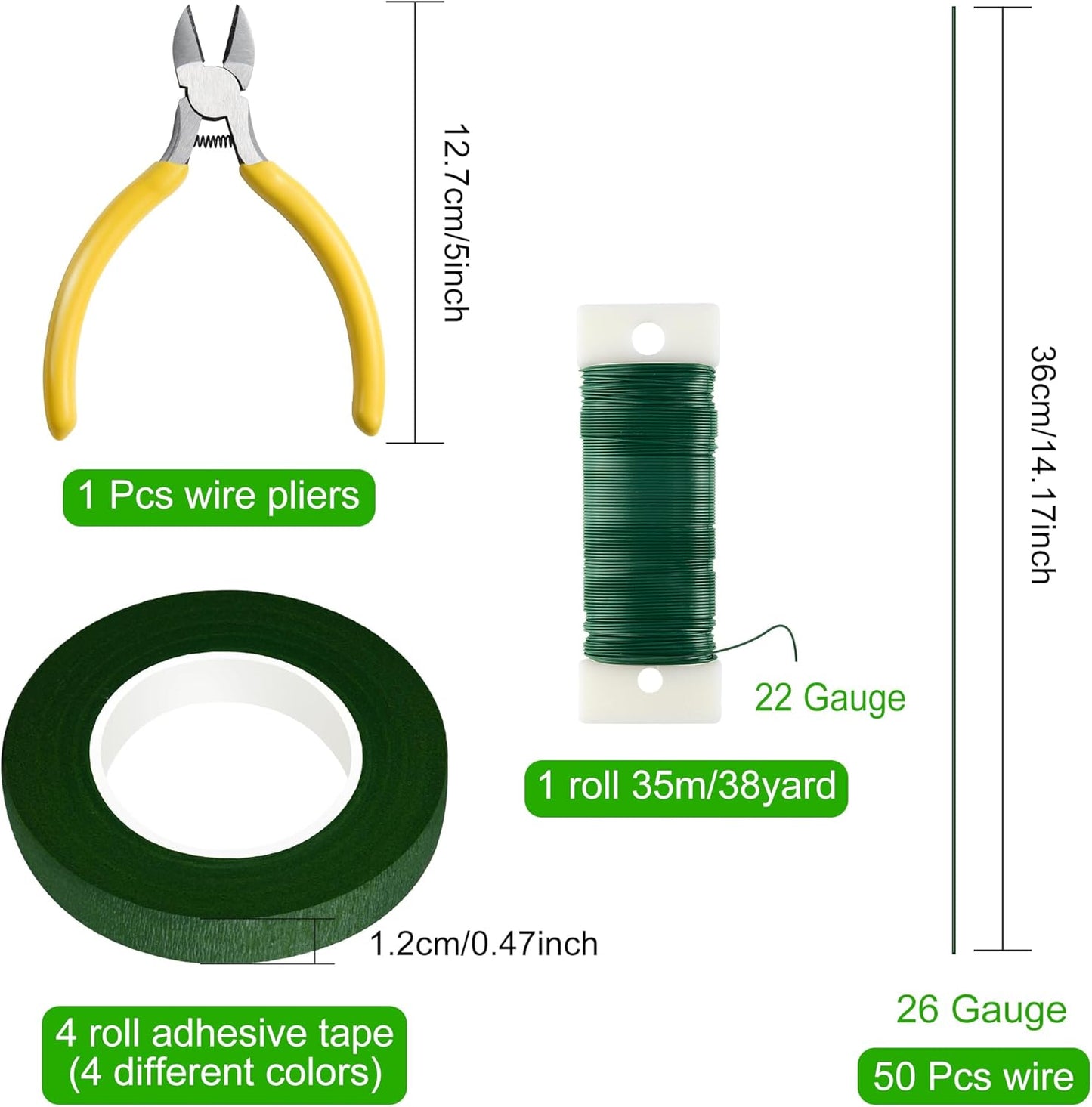 CHRORINE Floral Arrangement Kit Floral Tapes 22 Guage Floral Stem Wire 26 Gauge Green Floral Wire for Bouquet Wreath Making Supplies