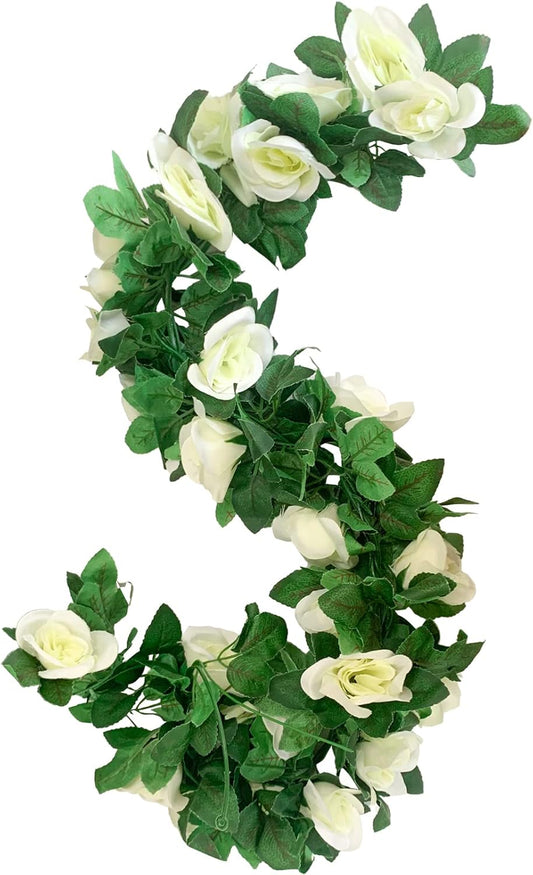 2 Pack Artificial Rose Vine Garland Fake Roses Flowers Plants Vines Hanging Floral Leaves Decoration for Wedding Party Table Garden Arch Wall Home Room Decor(White)