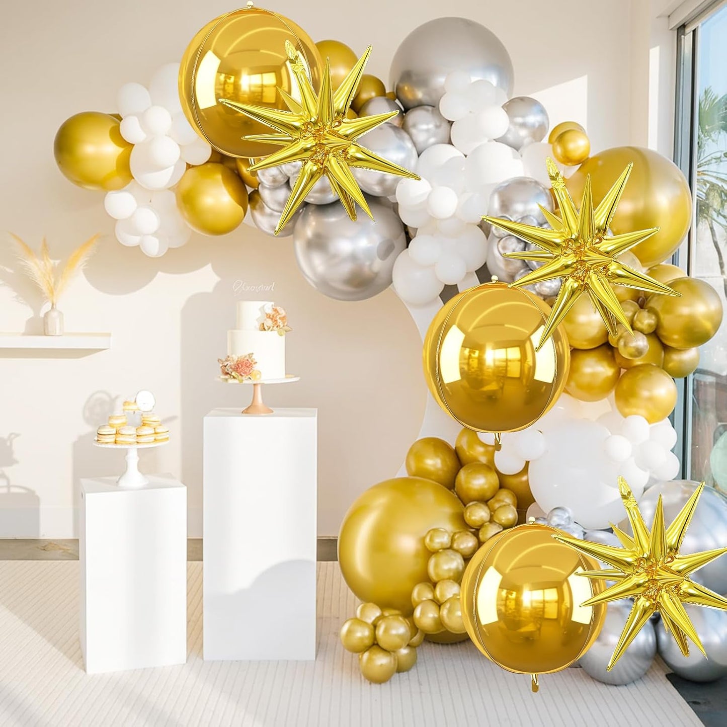 6Pcs Gold Foil Balloons,22Inch Gold 4D Round Ball Balloon and Explosion Star Balloon for Birthday Wedding Baby Shower Anniversary Graduation Decorations