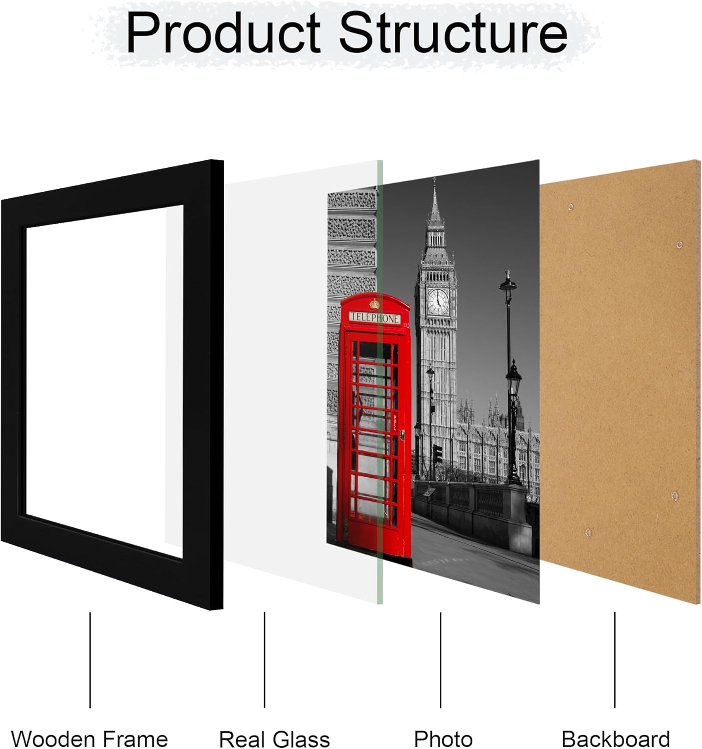 8x10 Picture Frame Set of 4, High Definition Glass Black Picture Frame, 8 x 10 Wood Rustic Photo Frames for Horizontal or Vertical Table Top and Wall Mounting