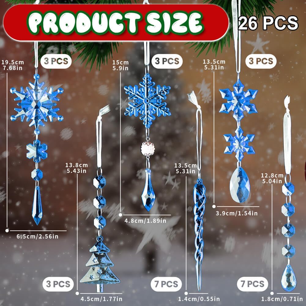 Lanpn 26 Pcs Christmas Ornaments Crystal Christmas Tree Decoration, Hanging Clear Acrylic Snowflake Icicle Drop Pendants for Xmas Winter Outdoor Indoor Party Decoration Blue