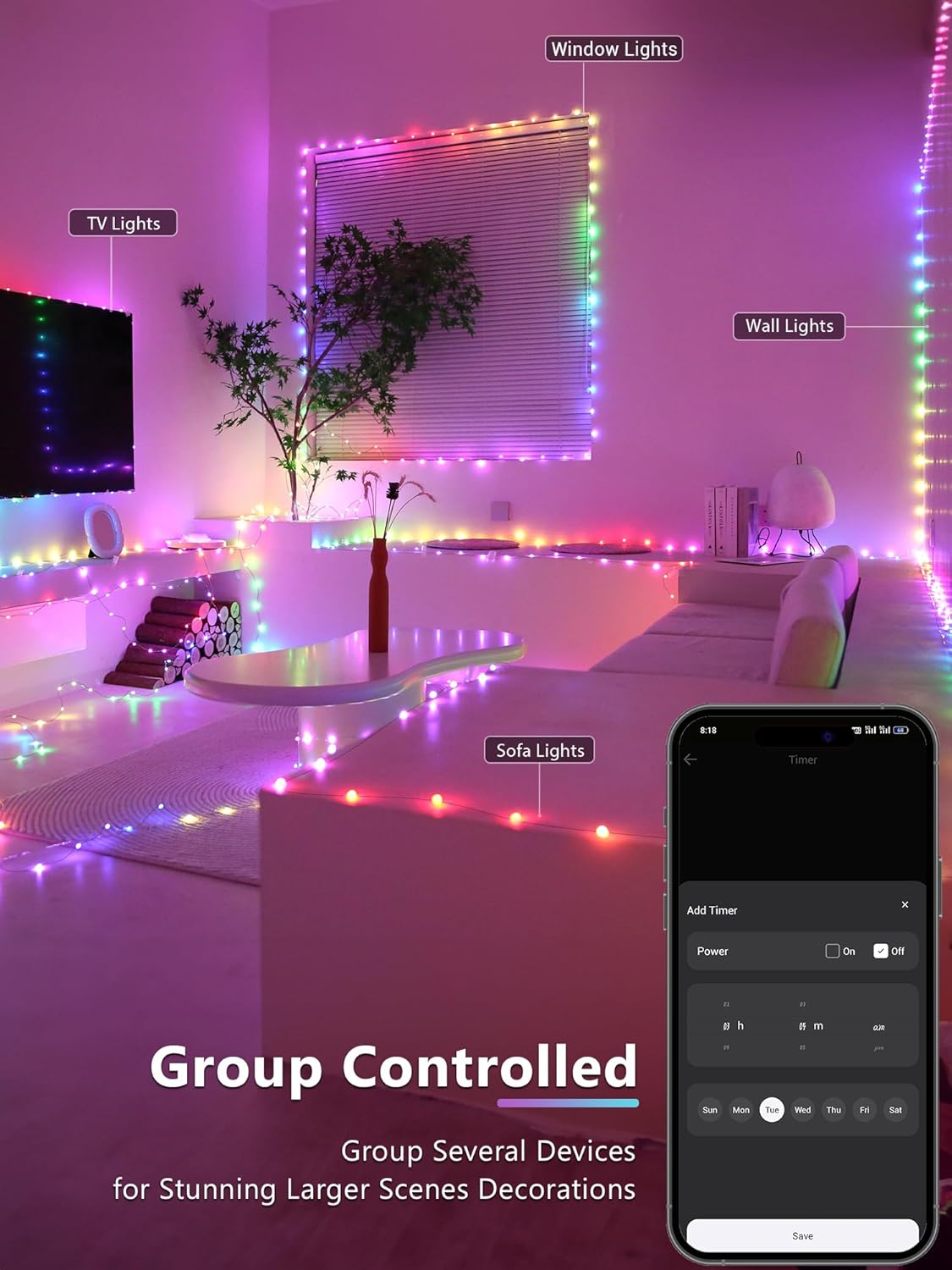 BrizLabs Smart Christmas Fairy Lights, 33ft 100 LED Color Changing Christmas Lights Work with Alexa & Google Home, Rainbow Xmas Light Dimmable Halloween Lighting Green Wire for Xmas Halloween Party