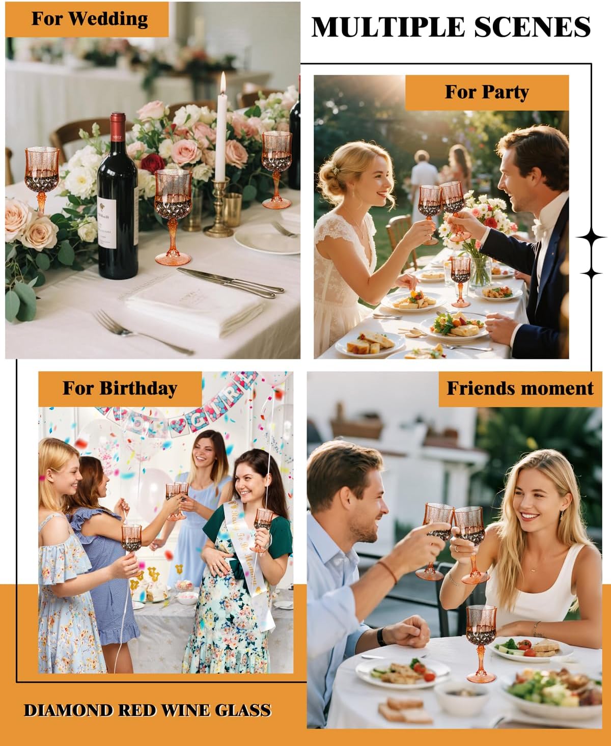 Ciaell 24PCS Rose Gold with Glitter Plastic Wine Glasses - 7 Oz Vintage Drinking Glasses with Rose Gold Glitter - Disposable Water Goblets Set for Party Wedding, Bar, Wine, Beer & Thanksgiving