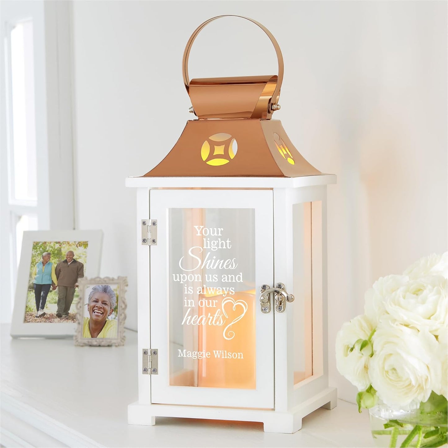 Let's Make Memories Personalized Memorial Lantern - Sympathy - Condolences - LED Candle - Automatic Timer - Wood/Stainless Steel - Copper Finish - Keep The Light On