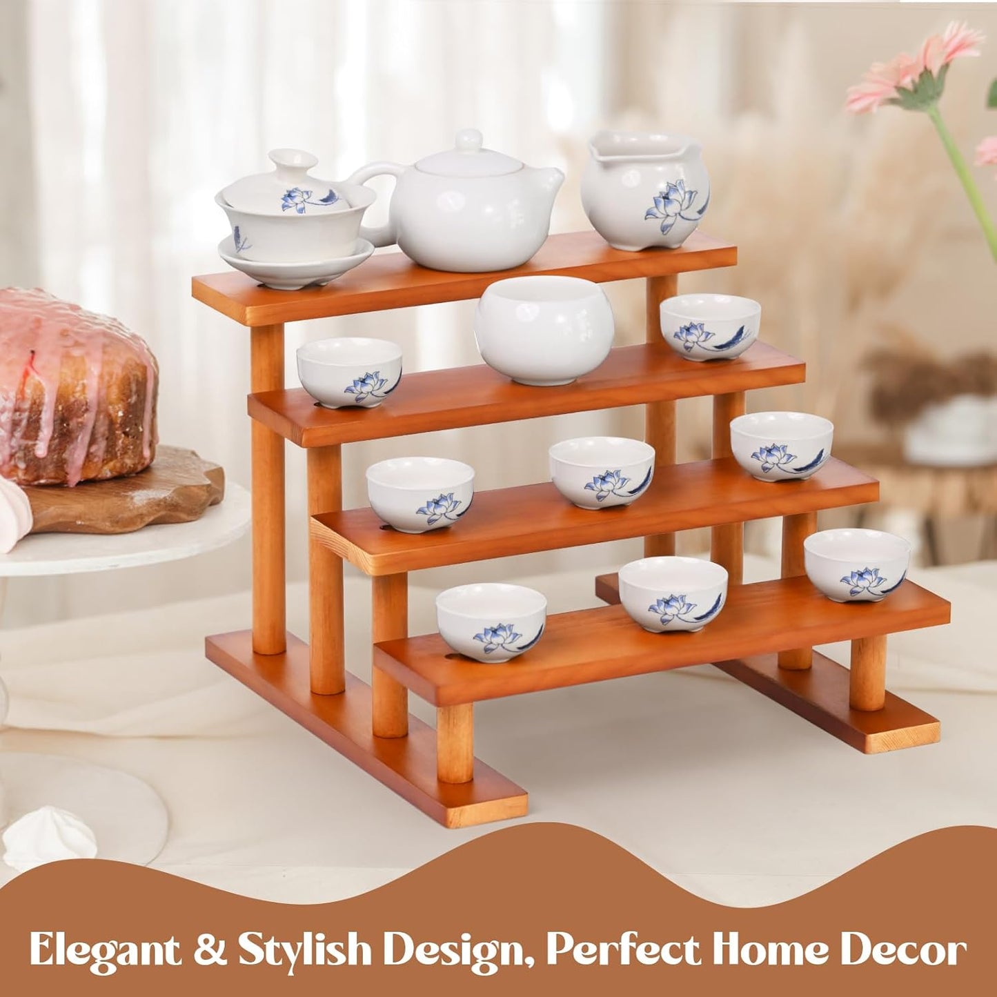 4 Tier Wooden Display Riser Stand Perfume Organizer, Dessert Table Display Set, Solid Wood Food Display Stands for Party, Bamboo Rustic Solid Wood Shelf for Cupcakes, Perfume, Cologne, Spiece