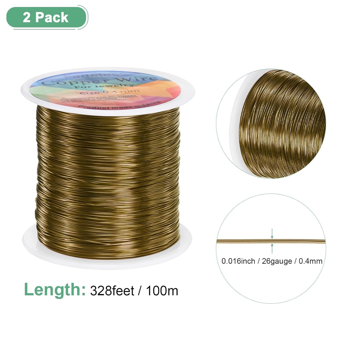 2-Rolls 0.4mm Jewelry Wire, 26 Gauge 328FT Craft Wire Copper Beading Wire for Jewelry Making/Planting/Weaving/DIY Crafting, Soft Metal Wires [100M, Bronze Tone]