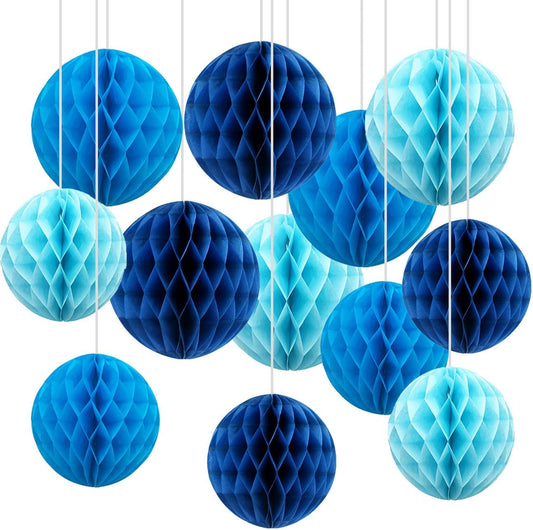 CC wonderland zone 12pcs Blue Paper Honeycomb Balls,Hanging Tissue Pom poms for Party Decoration,6inch&10inch