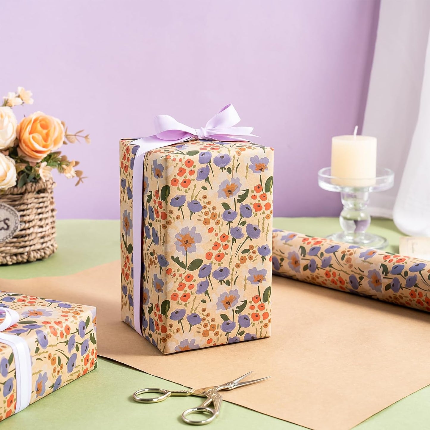 WRAPAHOLIC Kraft Floral Wrapping Paper Roll - Mini Roll - 17 Inch x 16.5 Feet - Watercolor Flower Wrapping Paper, Perfect for Wedding, Birthday, Bridal Shower, Tea Party