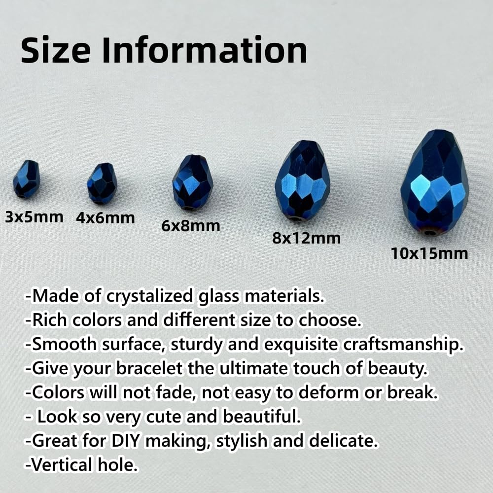 100pcs 8x12mm Teardrop Crystal Glass Beads for Jewelry Making, Faceted Vertical Hole Teardrop Glass Spacer Beads for Wind Chimes Bracelet Earring Necklace DIY Craft(Blue Light)