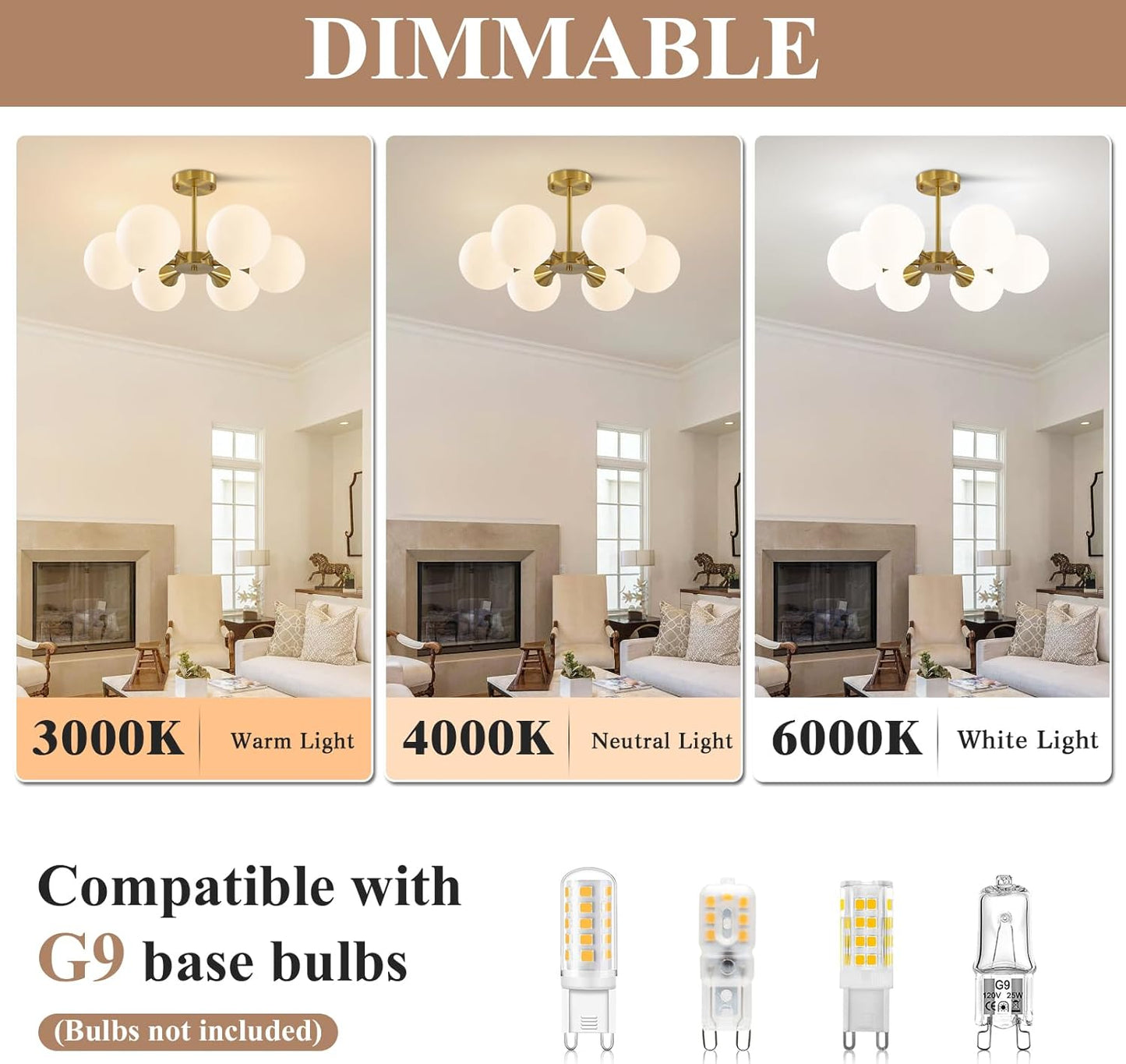 KCO Lighting Brushed Gold Sputnik Flush Mount Ceiling Light Mid Century Modern Overhead Ceiling Light 6-Lights Milk Glass Globe Semi Flush Mount Ceiling Light Fixture