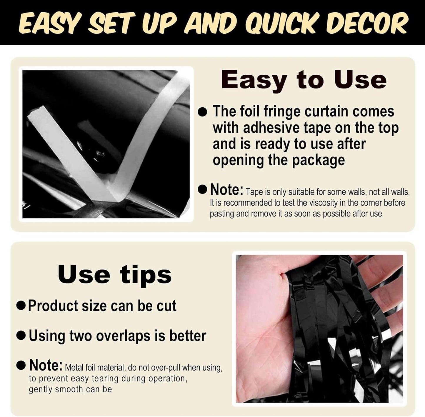 3 Pack Black Foil Fringe Curtains Backdrop, 3.28 x 9.8 Ft Metallic Streamers Tinsel Curtains Background for Photo Booth, Birthday, Halloween, Christmas, Thanksgiving, New Year Party Decorations