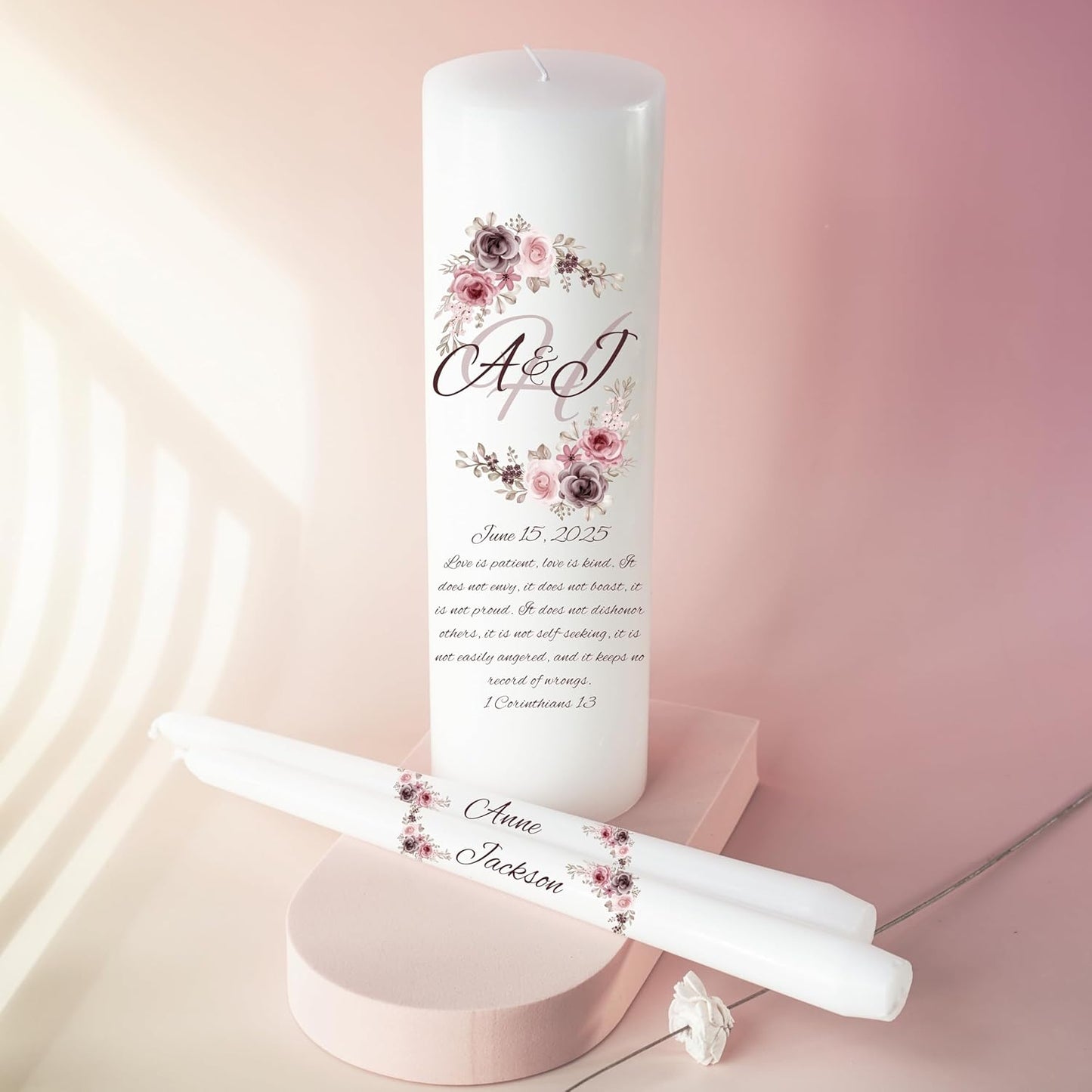 Unity Candles for Wedding, Modern Unity Set, Custom and Personalized Pillar and Taper Candles with Bible Quote, Unscented White Premium Wax, Religious and Wedding Ceremony, Special Events (Clover)