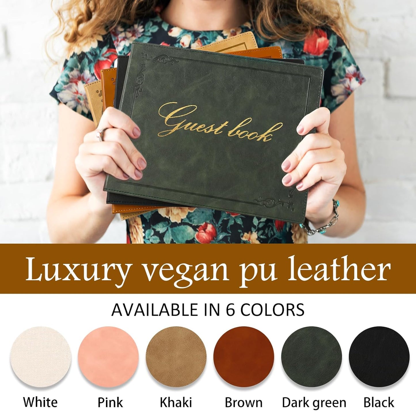 8x10 Leather Guest Book and Standup Sign Set, Gold Foiled Cover Registry Book for Wedding Reception, Retirement Party, Vacation Homes and Events, 120 Pages (Green)