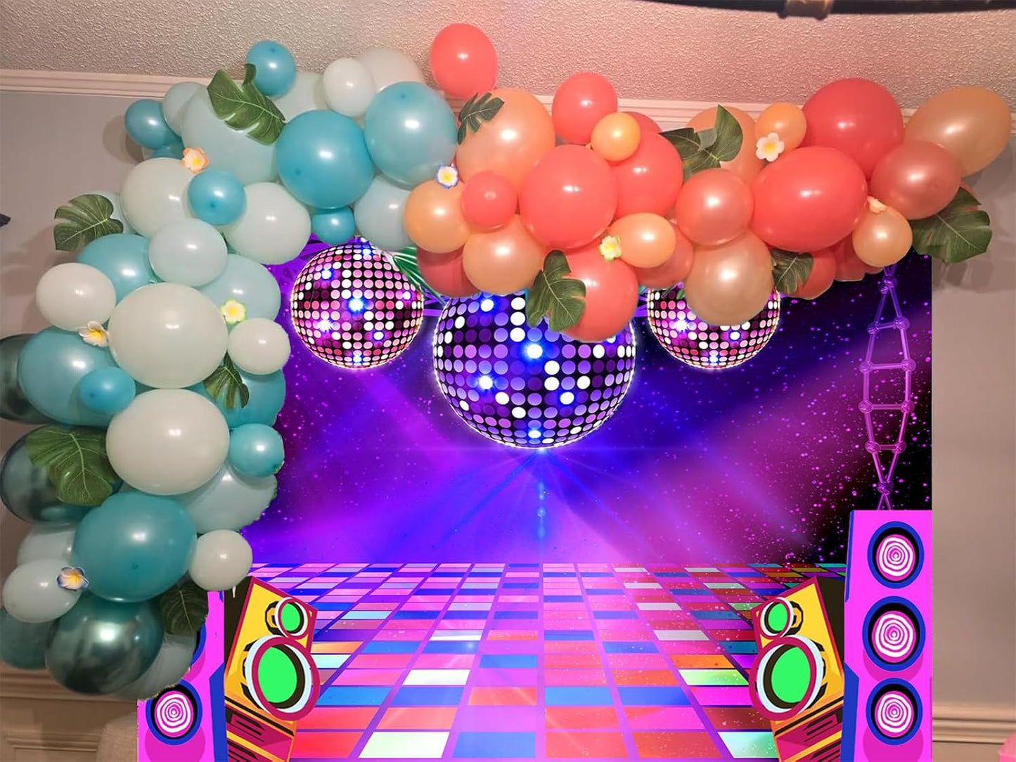 Dance Party Backdrop Retro 80s 90s Theme Stage Dance Ball Music Birthday Party Decoration DJ Photography Background 8 x 6 ft for Baby Shower Picture Photo Shoot Polyester Fabric, Red