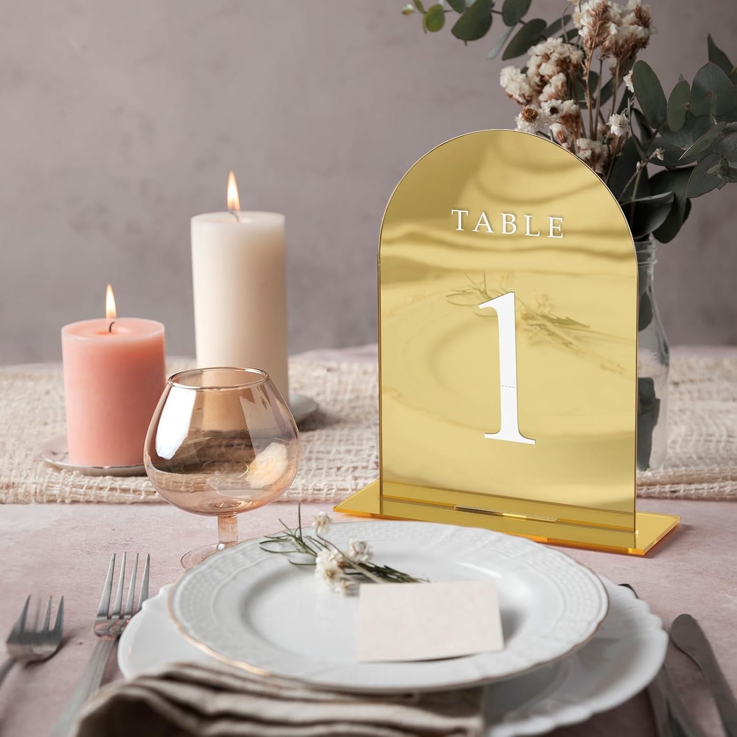 UNIQOOO 10 Pack Acrylic 5x7 Gold Mirror Arch Table Sign for Wedding with Holders, 1/8 in Thick, DIY Blank Arch Sign Sheet Perfect for Decoration, Party,Anniversary, Event, Stand Included