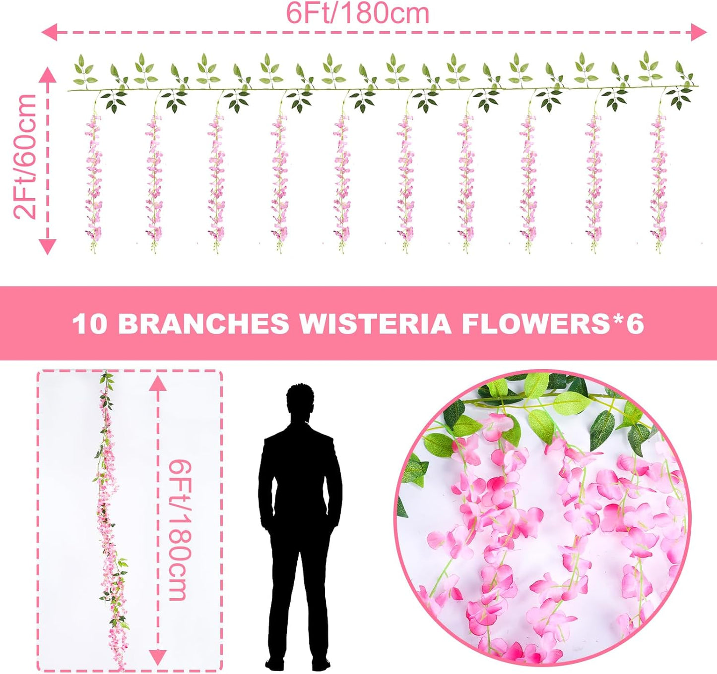 Wisteria Artificial Flowers Garland，10Pcs Total 60ft Silk Fake White Wisteria Flowers Hanging for Home Garden Wedding Arch Party Indoor Outdoor Decor(10,Pink)
