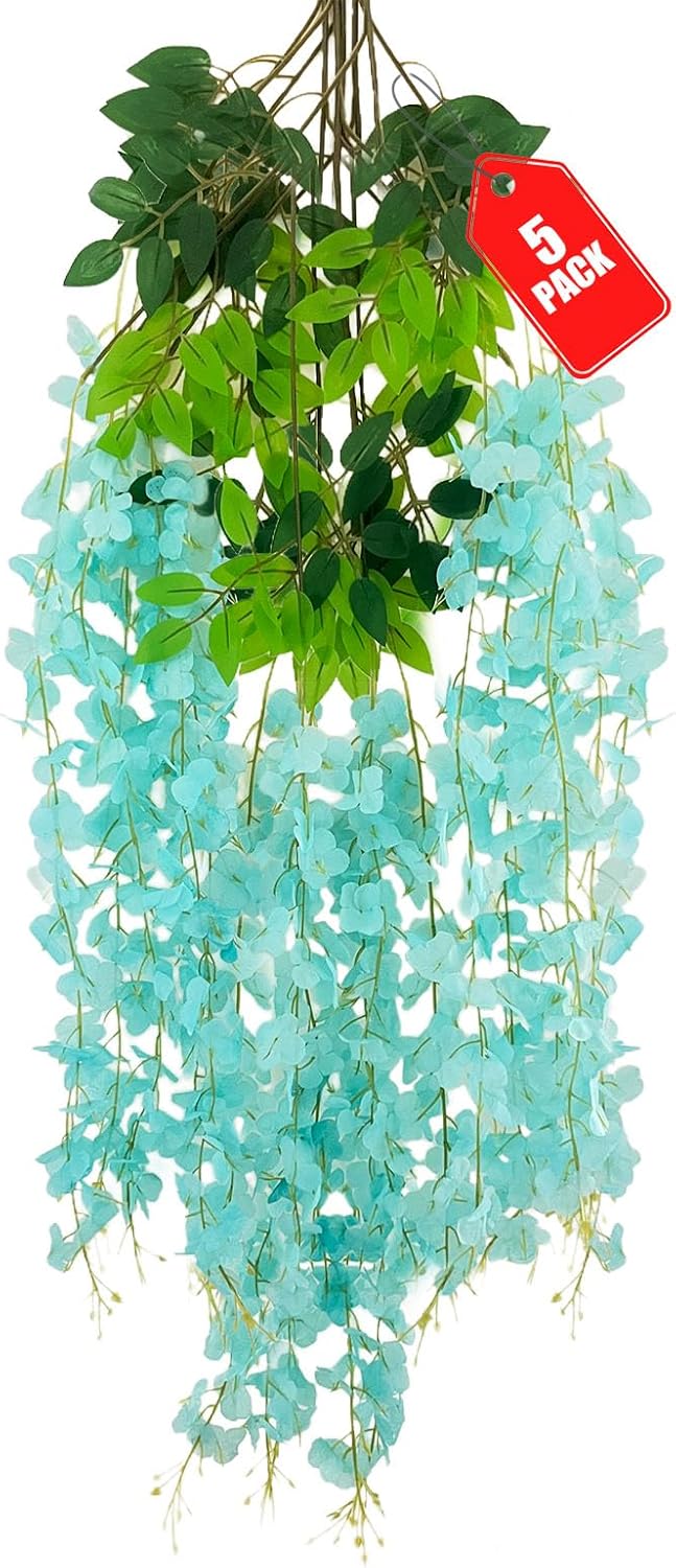 5 Pack Teal Wisteria Hanging Flowers, 3.44 Ft Fake Hanging Flowers, Artificial Wisteria Garland Vines for Wedding Room Backdrop Outdoor Patio Garden Decoration