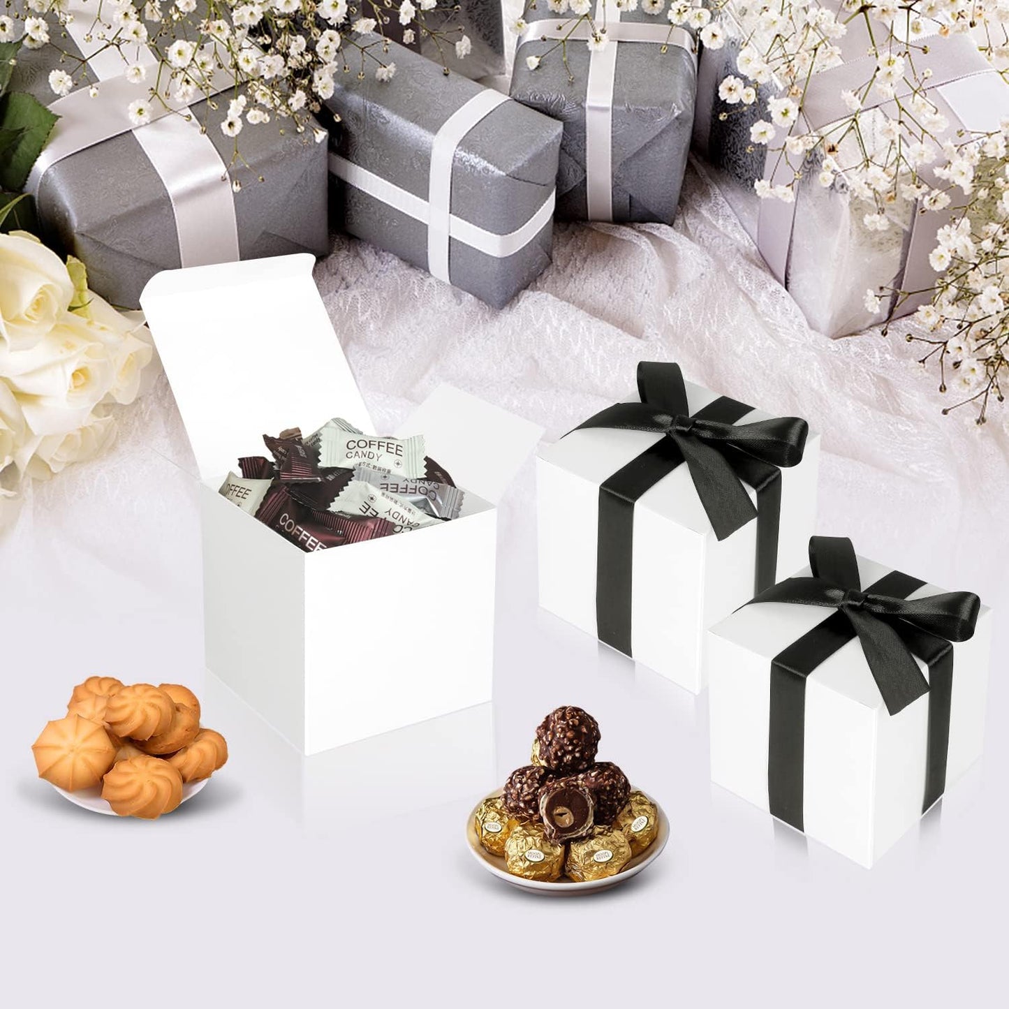 50 Pack Small Gift Boxes, 2x2x2 Favor Boxes White Paper Gift Boxes with Lids for Presents, Crafting, Cupcake Boxes, Gifts, Candy Boxes for Wedding Party Bridal Shower Baby Shower Favors