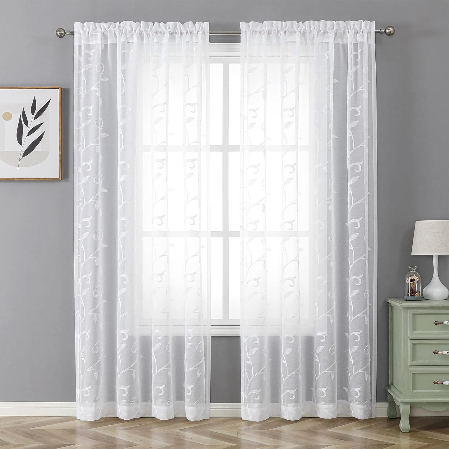 VISIONTEX White Leaves Sheer Voile Curtains, Decorative Embroidery Rod Pocket Window Drapes for Home Living Room and Bedroom 54 x 63 Inch, Set of 2 Curtain Panels