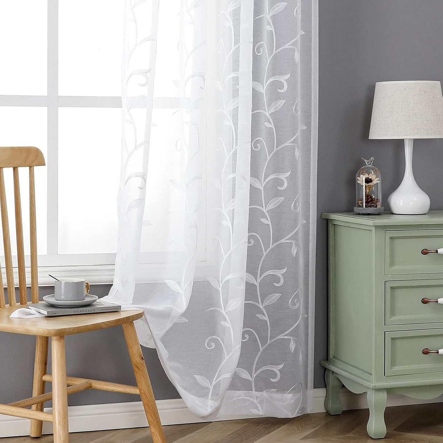 VISIONTEX White Leaves Sheer Voile Curtains, Decorative Embroidery Rod Pocket Window Drapes for Home Living Room and Bedroom 54 x 72 Inch, Set of 2 Curtain Panels