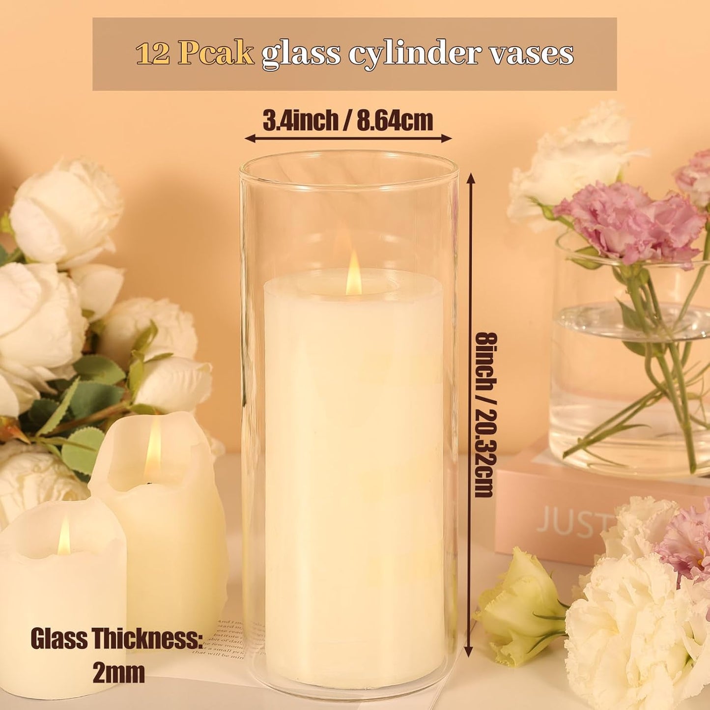 12Pcs Glass Cylinder Vases 8 Inch Tall Clear Flower Vases for Centerpieces Wedding Decoration, Hurricane Floating Candle Holder for Party Table Home Decor
